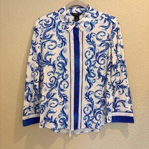 Investments Womens Stretch Linen PL Blue White Collared Button Down Blouse NWT